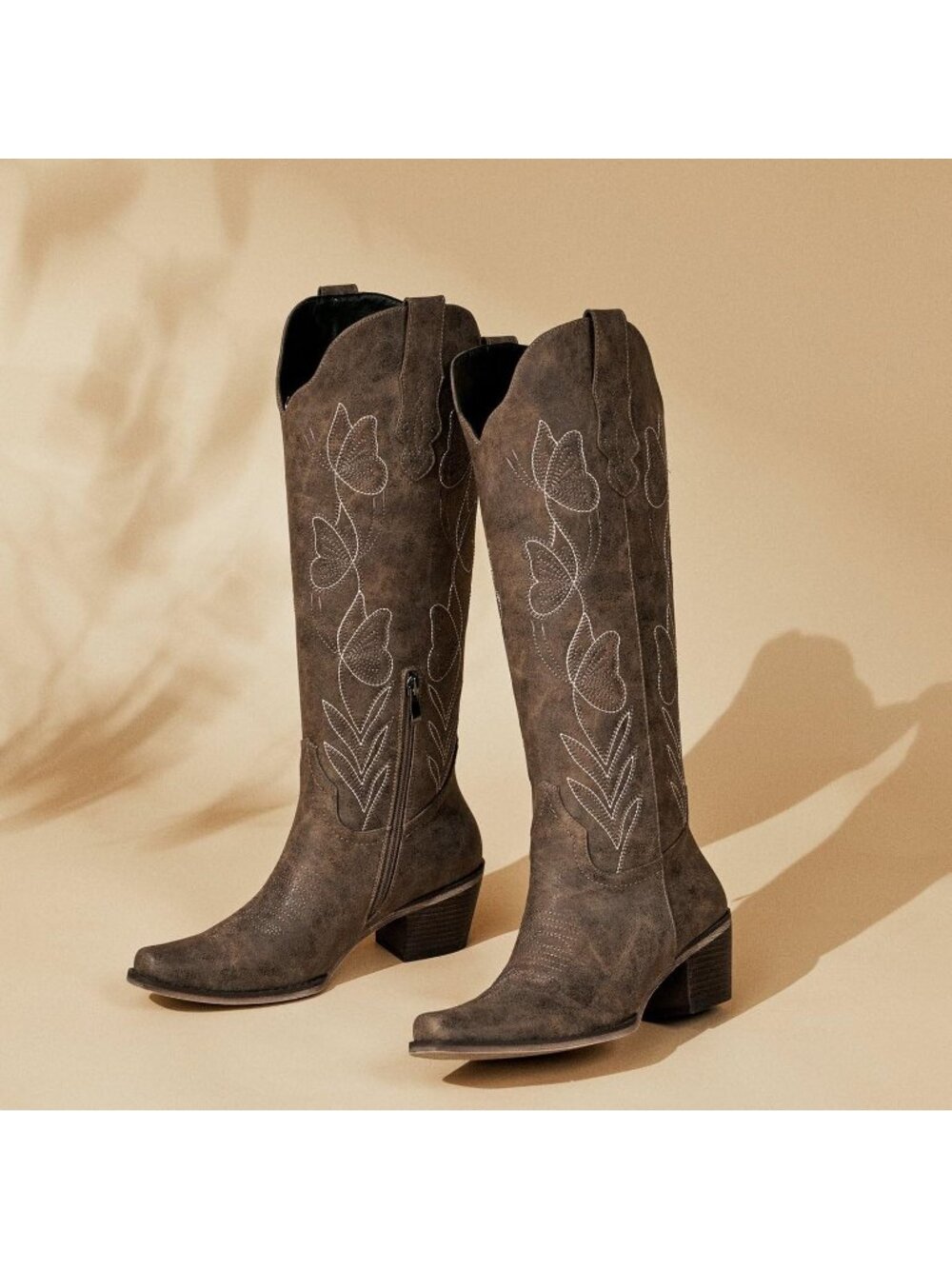 〽️Women's Mid-Calf Cowgirl Boot Brown Leather Block Pointed Toe Heel Floral - Picture 6 of 6